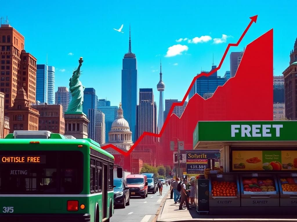 Flick International Bustling cityscape of New York City featuring iconic landmarks and a public transit bus with a 'Free' sign