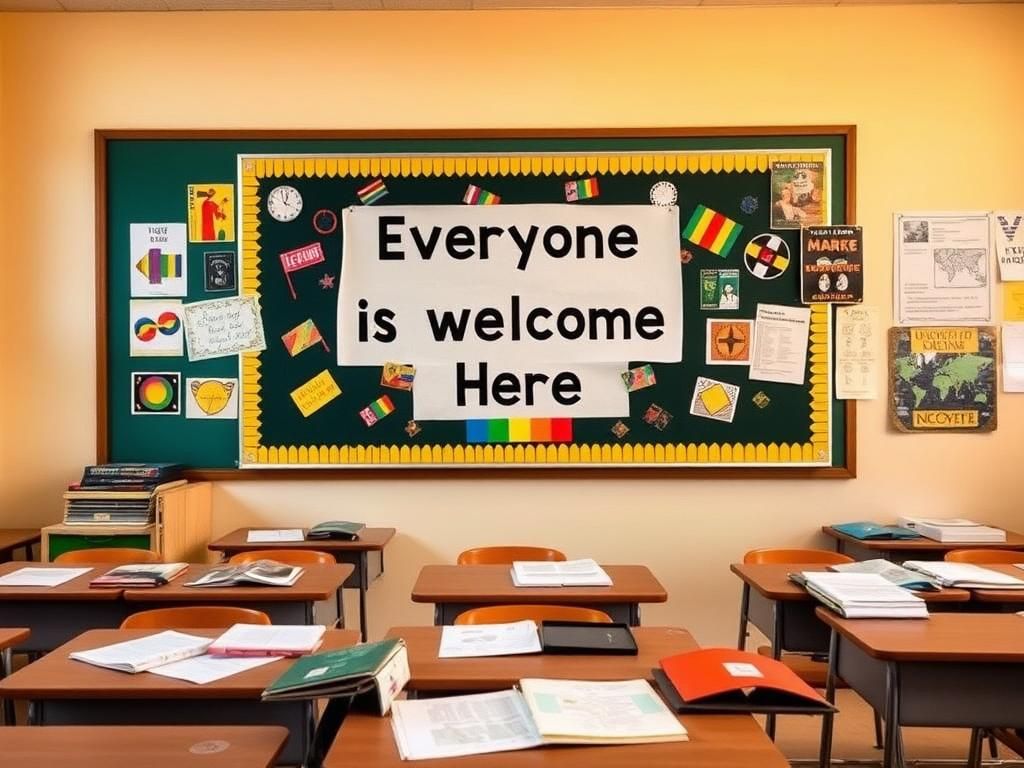 Flick International Classroom scene featuring a 'Everyone Is Welcome Here' sign with colorful artwork and educational materials