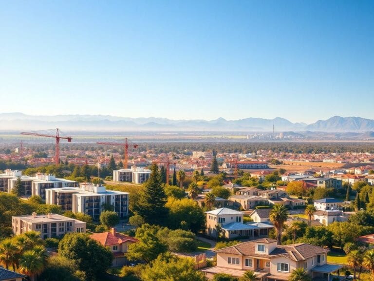 Flick International A California landscape featuring modern buildings amidst lush greenery and construction sites.