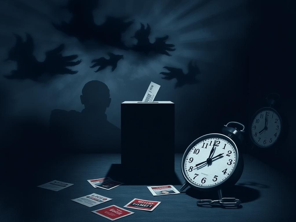 Flick International Abstract representation of a ballot box in a dimly lit room symbolizing electoral uncertainty