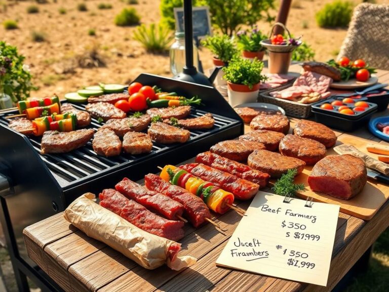 Flick International Grilled meats on a barbecue grill with a rustic outdoor setting