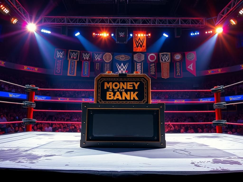 Flick International A wrestling ring illuminated with vibrant lights and the Money in the Bank briefcase center stage