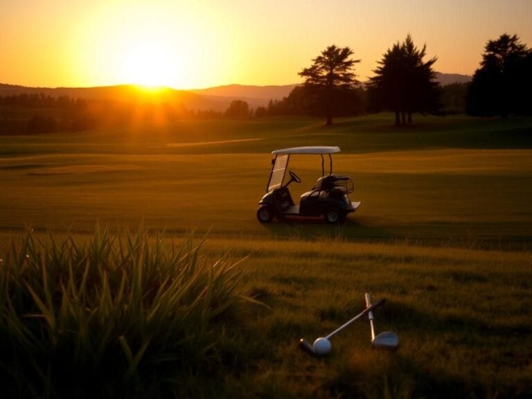 Flick International Abandoned golf cart on a serene golf course at sunset, symbolizing loss