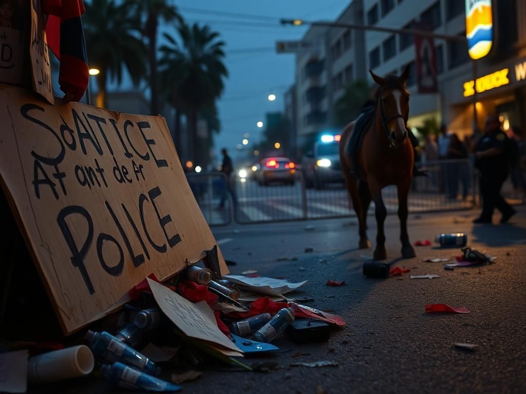 Flick International Aftermath of a chaotic protest scene in Los Angeles with a shattered sign and police horse
