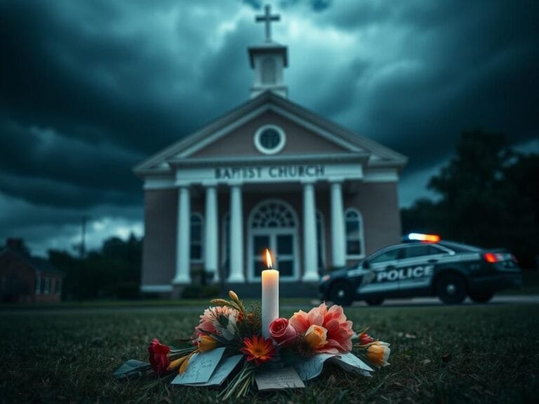 Flick International Exterior view of Richmond Road Baptist Church in Lexington, Kentucky, with dark storm clouds overhead and a memorial in the foreground.
