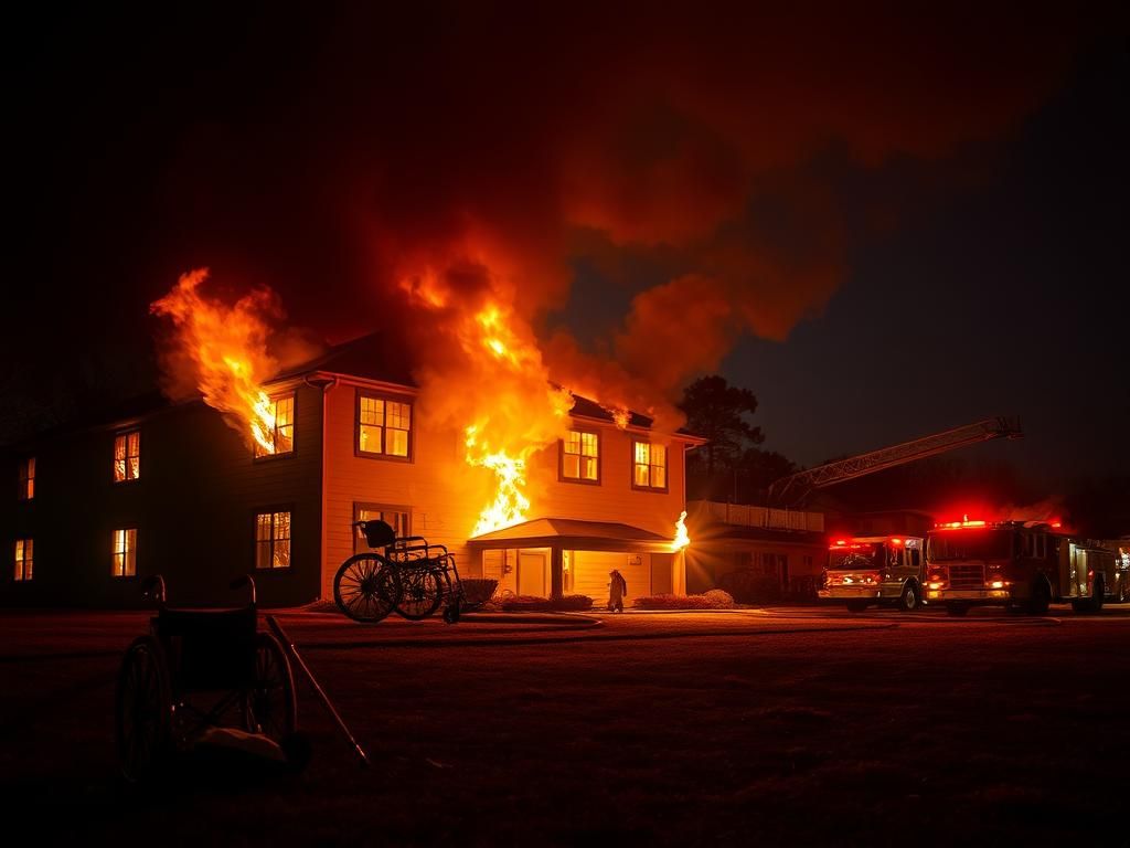 Flick International Dramatic scene of an assisted living facility engulfed in flames at night