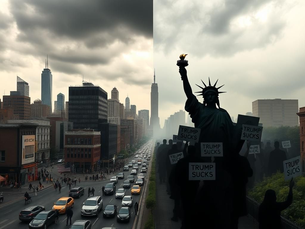 Flick International A dramatic cityscape illustrating divided priorities, contrasting a bustling urban life with a shadowy political rally