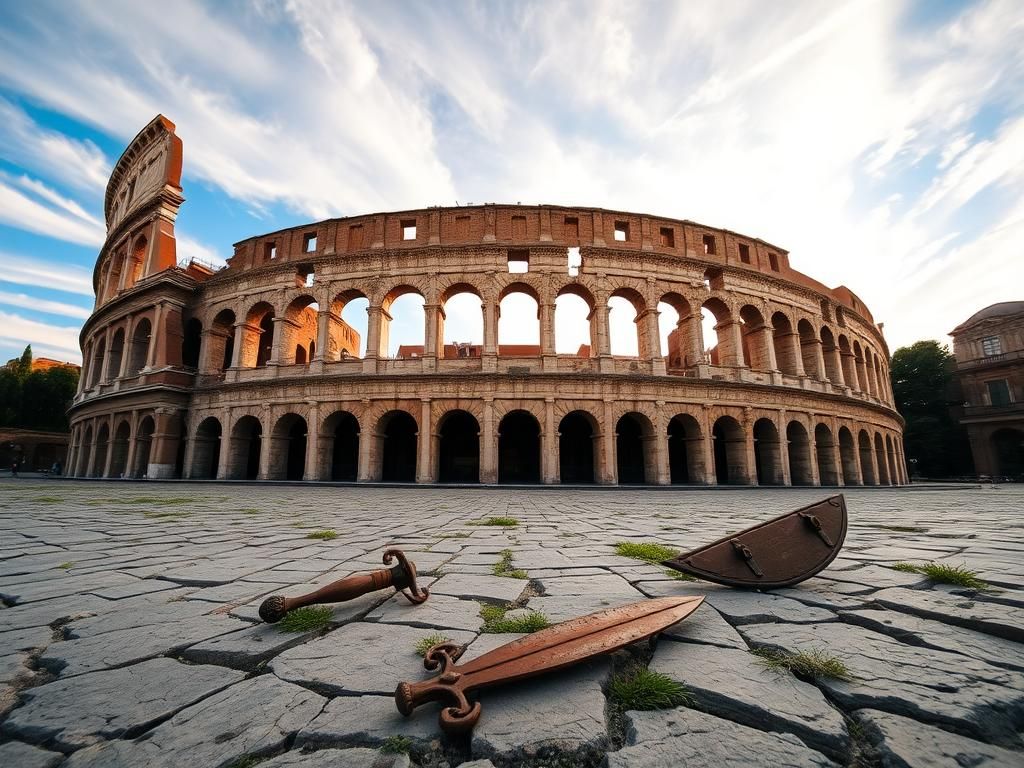 Flick International Wide-angle view of the ancient Colosseum in Rome with weathered arches and cracked stone ground