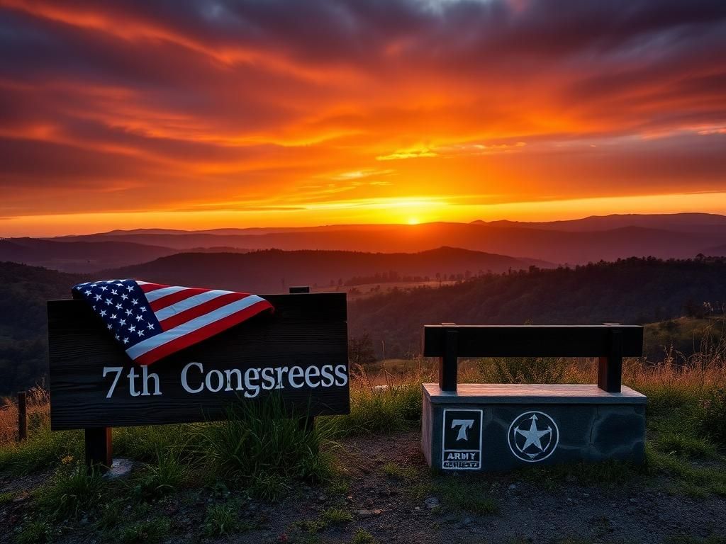Flick International A dramatic sunset over rolling hills in Tennessee, featuring a weathered sign for the 7th Congressional District and military honors.