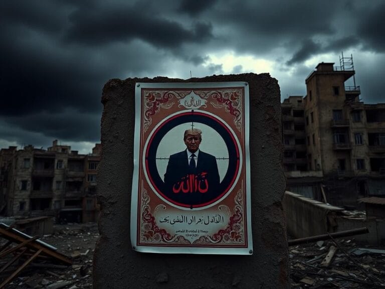 Flick International A poster depicting a crosshair targeting a silhouette representing Donald Trump in a gloomy urban setting.