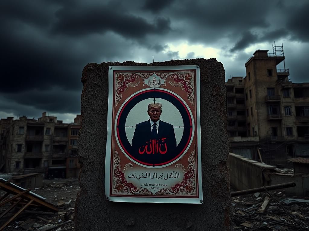 Flick International A poster depicting a crosshair targeting a silhouette representing Donald Trump in a gloomy urban setting.