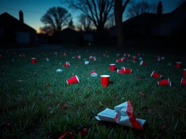 Flick International dimly lit suburban lawn at twilight with red solo cups and evidence of a chaotic aftermath
