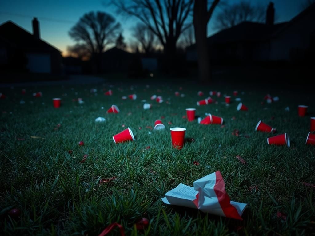 Flick International dimly lit suburban lawn at twilight with red solo cups and evidence of a chaotic aftermath