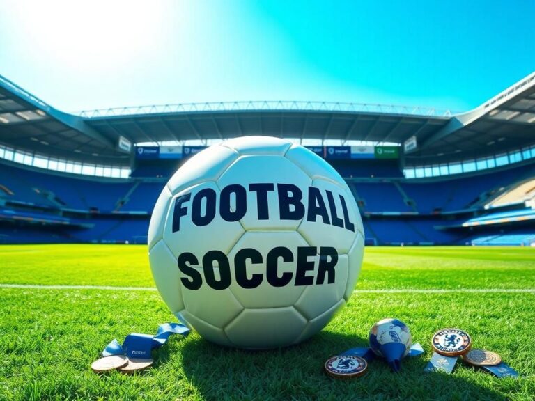 Flick International Large soccer stadium with green pitch and a prominent soccer ball symbolizing the sport's name debate