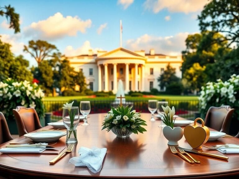 Flick International A serene view of the White House with a formal luncheon set up, symbolizing faith and charity