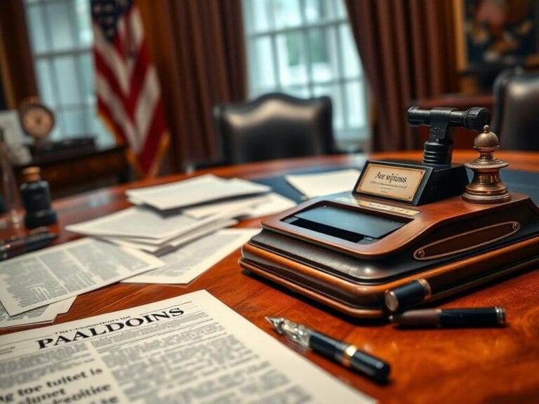 Flick International Close-up of a presidential desk with an autopen machine and scattered documents