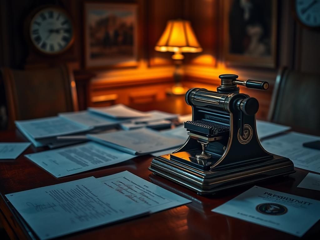 Flick International Close-up view of an antique autopen machine on a polished wooden desk with official documents