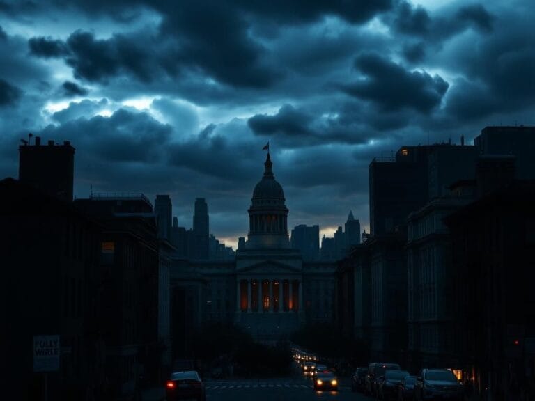 Flick International Twilight view of New York City with city hall silhouette against a stormy sky