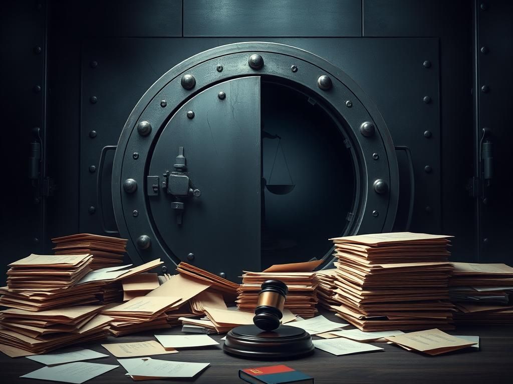 Flick International A large, partially open ancient vault door surrounded by unsealed manila folders symbolizing transparency demands