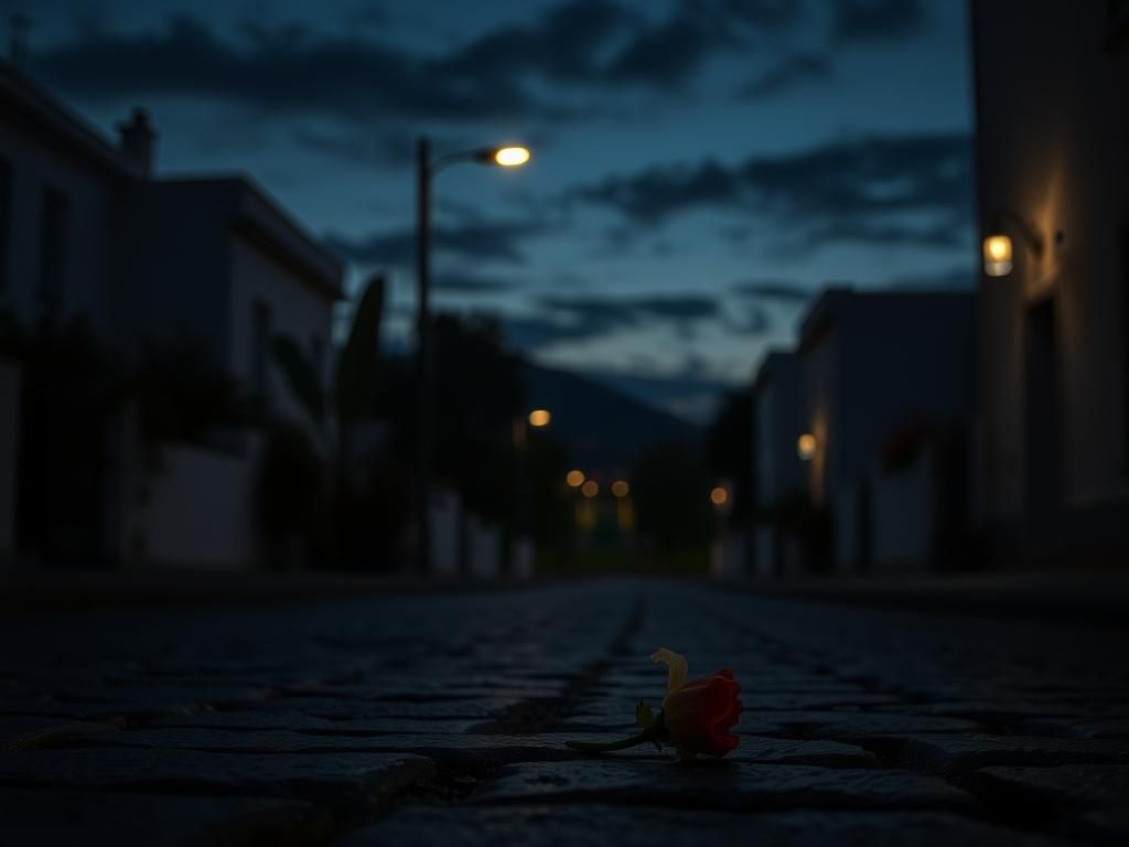Flick International Somber scene in a quiet Athens suburb at dusk with a wilted flower symbolizing loss