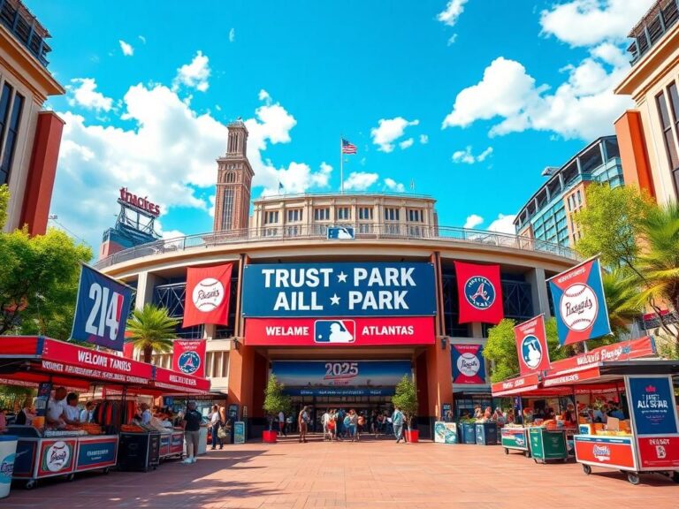 Flick International Vibrant scene at Truist Park during the MLB All-Star Game celebration in Atlanta, showing colorful merchandise stands and welcoming banners.