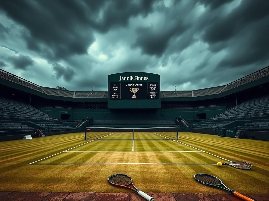 Flick International Dramatic scene at Wimbledon featuring empty center court with Jannik Sinner's name on scoreboard