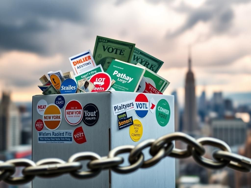 Flick International Close-up of a donation box overflowing with cash and campaign materials in front of NYC skyline
