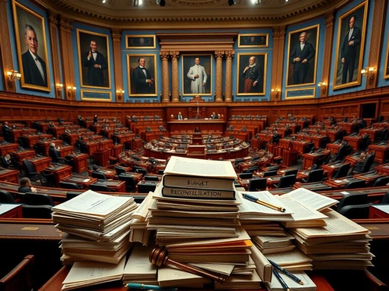 Flick International Legislative chamber with empty desks and chairs symbolizing political power and decision-making