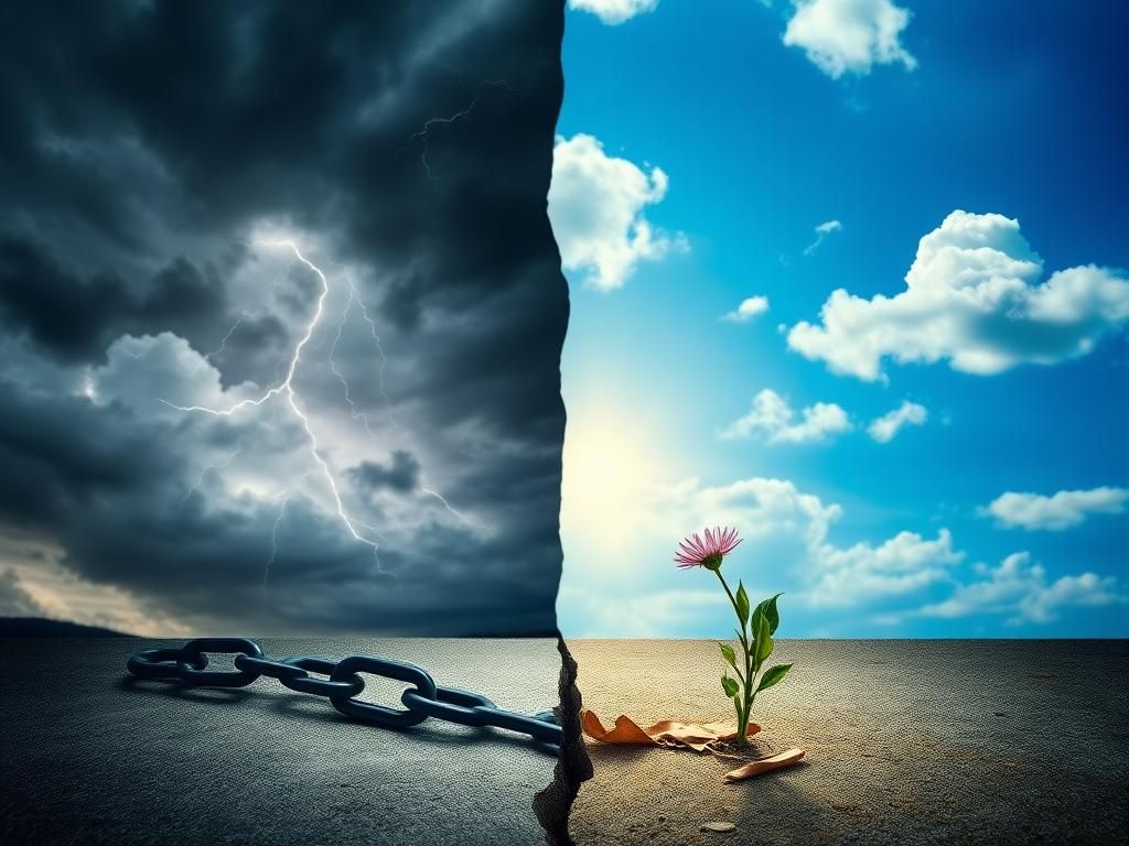 Flick International Abstract representation of a divided landscape symbolizing conflict and solidarity with stormy skies on one side and a sunny sky on the other.