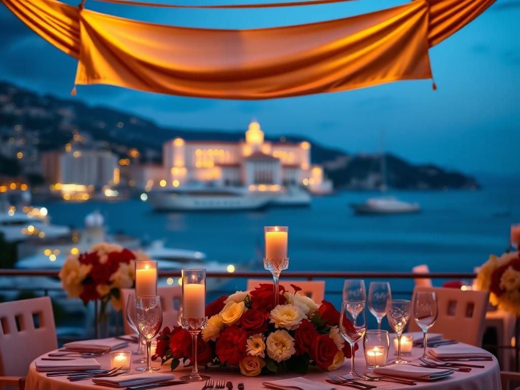 Flick International A majestic view of Monaco's skyline at dusk with a beautifully arranged gala table in the foreground.