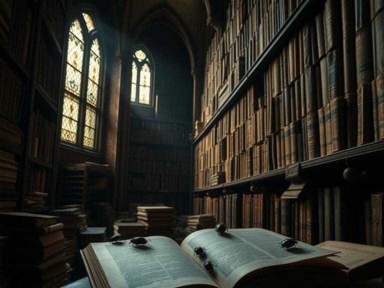 Flick International Dimly lit ancient library with weathered books and signs of beetle damage
