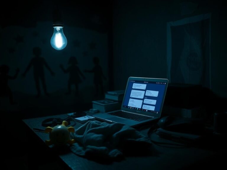 Flick International Dark room with a flickering light bulb and disturbing items on a desk