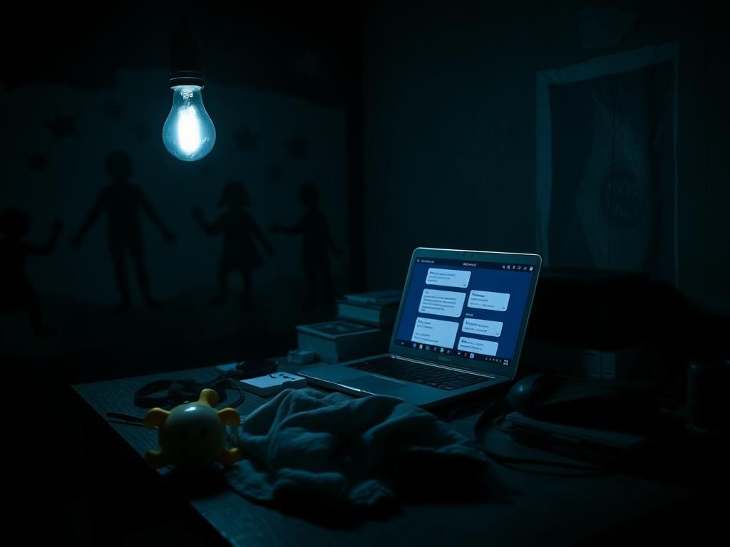 Flick International Dark room with a flickering light bulb and disturbing items on a desk