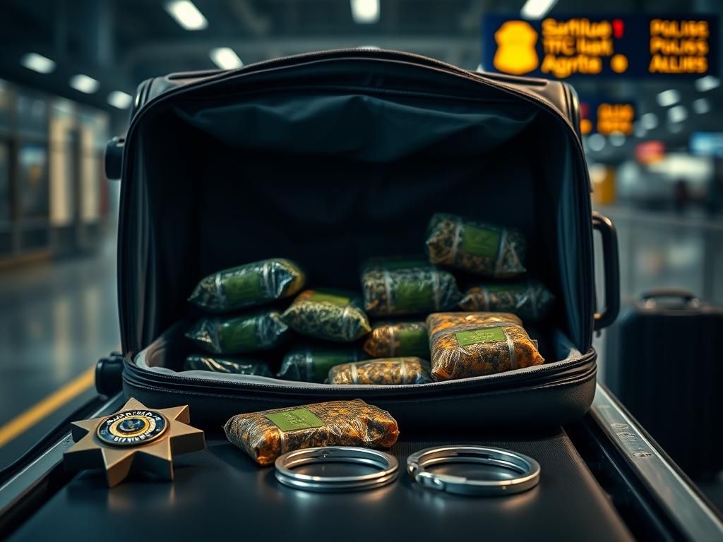 Flick International Open suitcase with colorful drug packages and police badge on metal table
