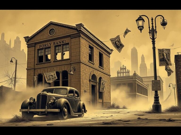 Flick International A gritty illustration of a deserted 1930s cityscape with a dilapidated bank and old getaway car symbolizing the Great Depression's economic despair