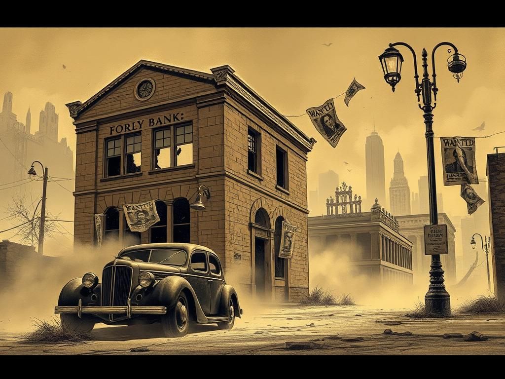 Flick International A gritty illustration of a deserted 1930s cityscape with a dilapidated bank and old getaway car symbolizing the Great Depression's economic despair