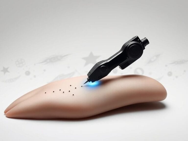 Flick International Futuristic AI tattoo machine poised over unmarked skin