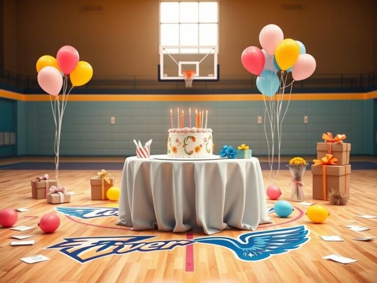 Flick International A beautifully decorated birthday table featuring a cake, candles, and colorful balloons set against a basketball court backdrop.
