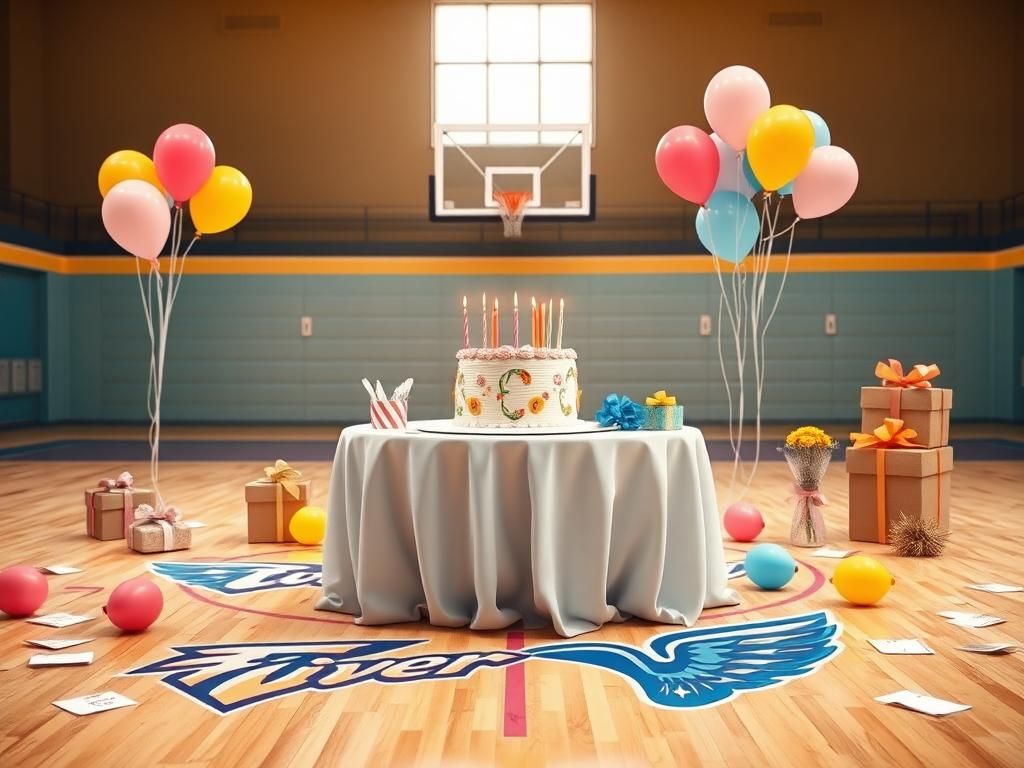Flick International A beautifully decorated birthday table featuring a cake, candles, and colorful balloons set against a basketball court backdrop.