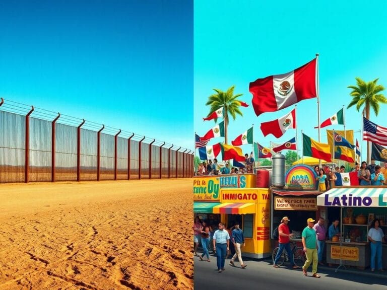 Flick International Split-screen image depicting contrasting immigration themes with a rustic border fence on one side and a vibrant urban setting on the other