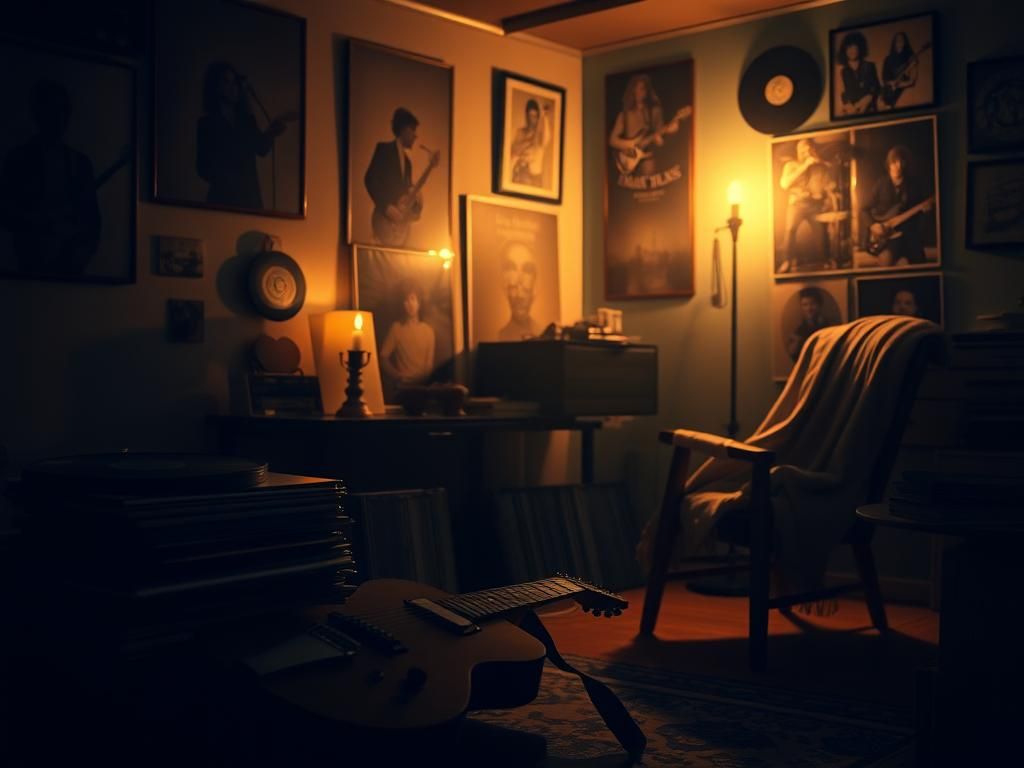 Flick International A serene room filled with vintage music memorabilia, evoking rock music's legacy.