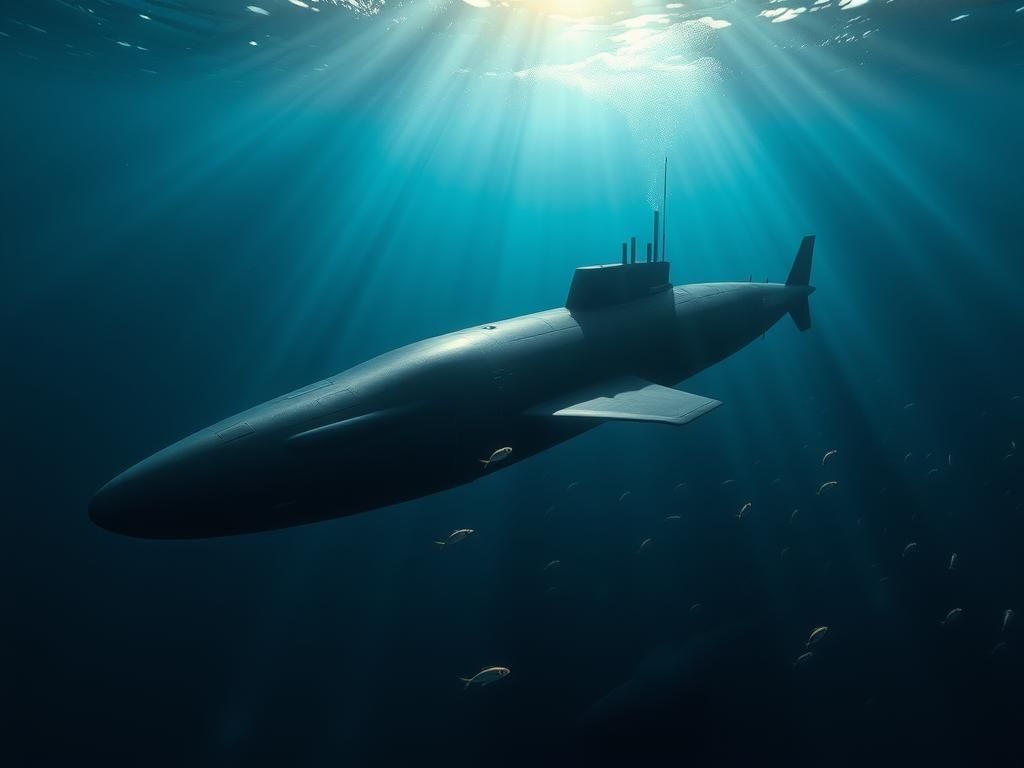 Flick International A futuristic next-generation submarine navigating deep blue waters amidst swirling currents.