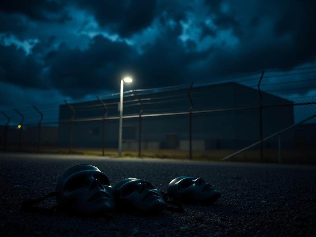 Flick International Abandoned black masks on the ground in front of an ICE detention center at dusk