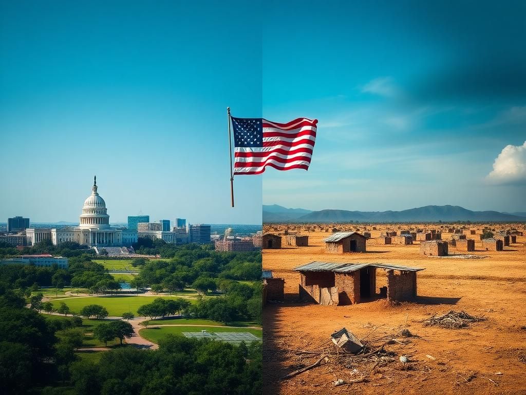 Flick International A split-scene image contrasting a prosperous American cityscape with a desolate Somali landscape