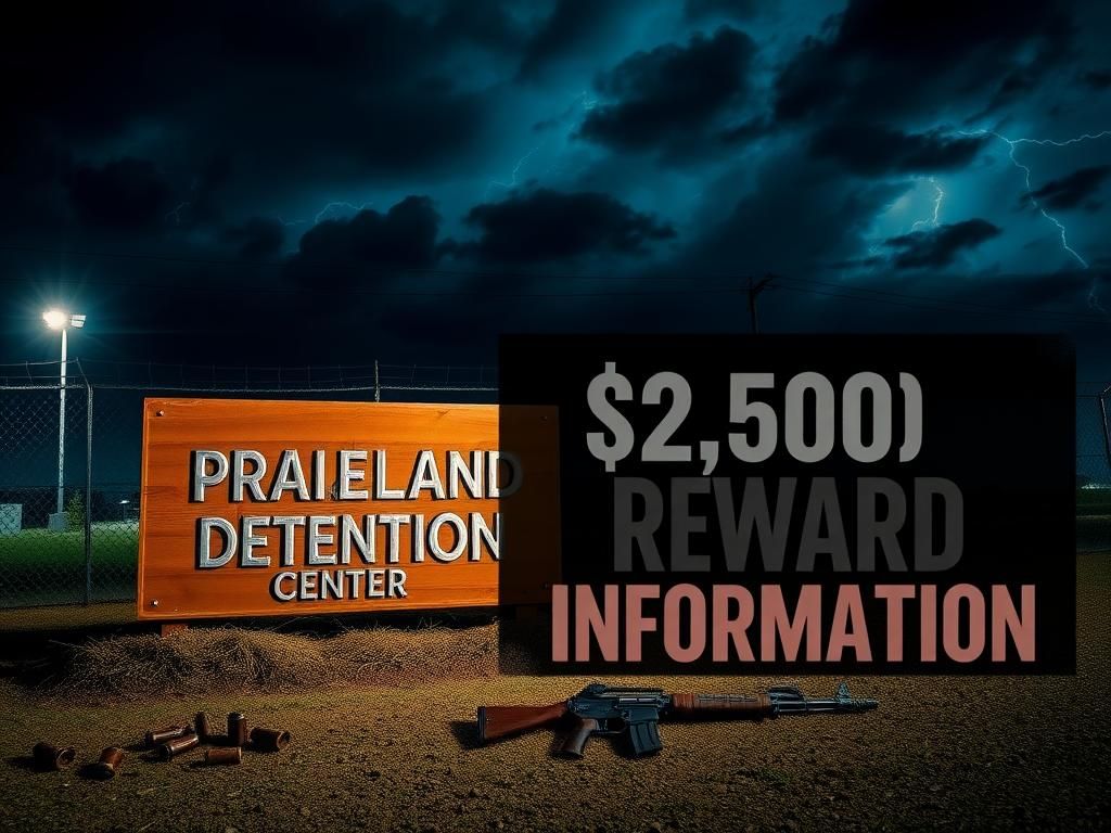 Flick International Exterior view of Prairieland Detention Center with barbed wire and stormy sky