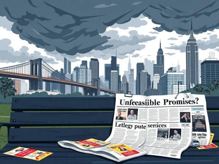 Flick International Bustling New York City skyline under stormy clouds with a weathered newspaper about political promises