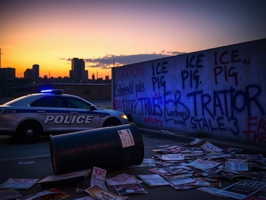Flick International Urban scene at dusk with police car near anti-ICE graffiti