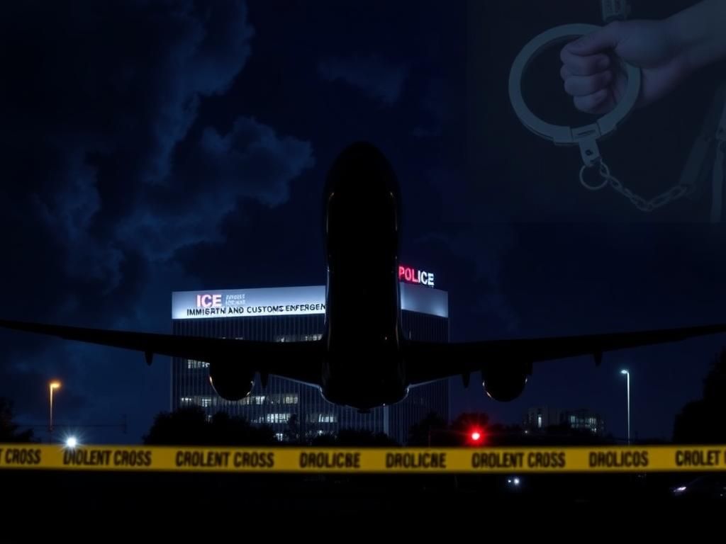 Flick International Dramatic nighttime scene of the ICE building in Houston with shadowy airplane silhouette