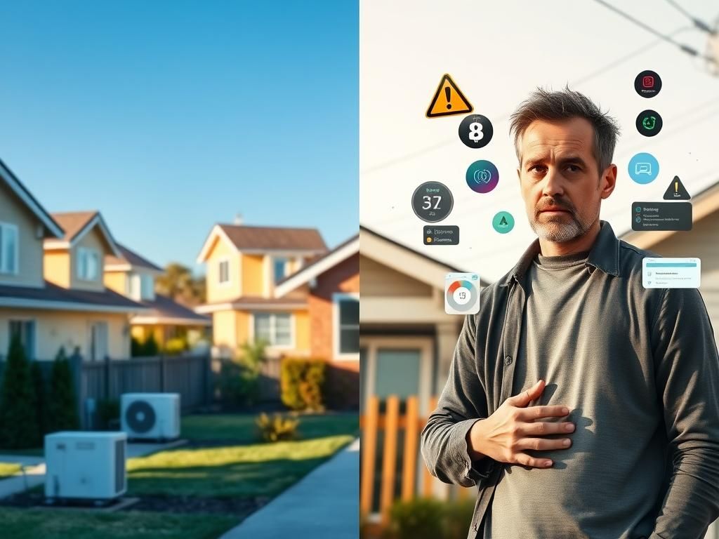 Flick International Split image showing a sunny neighborhood with air conditioners and a worried homeowner surrounded by smart technology interfaces.