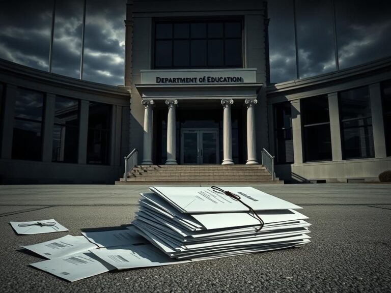 Flick International Dramatic exterior of the Education Department building with a prominent sign and empty office windows reflecting a cloudy sky